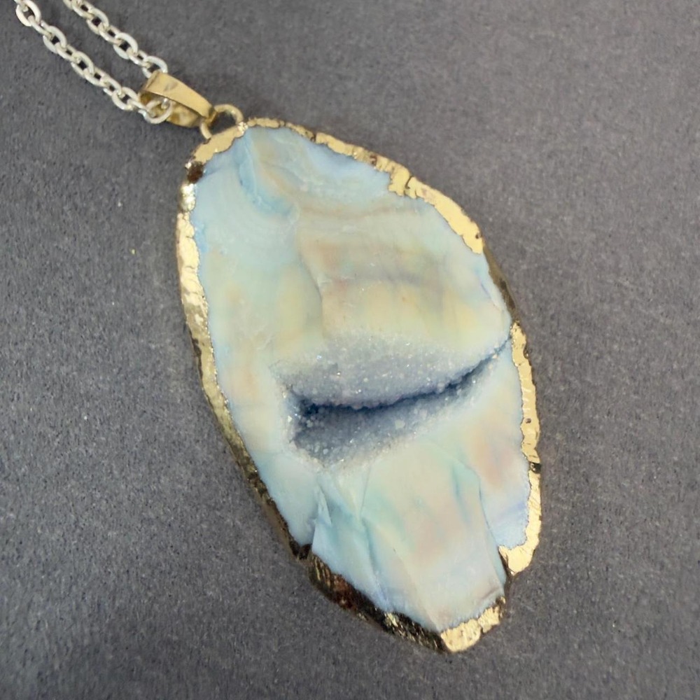 Geode Druzy Raw Necklace Blue Stone Slice Gold Tone Edge Boho Pendant